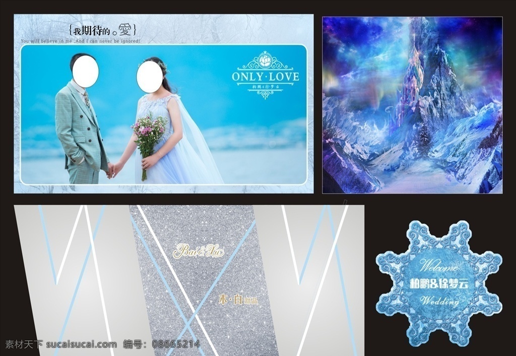 韩式婚礼 婚礼素材 闪银底纹 银色婚礼 外场海报 婚礼logo 冰雪背景 雪花 闪银 冰川背景