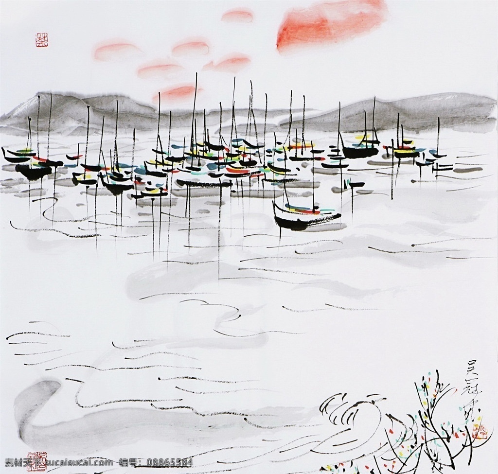 国画 山河 船 夕阳 河流 文化艺术 绘画书法