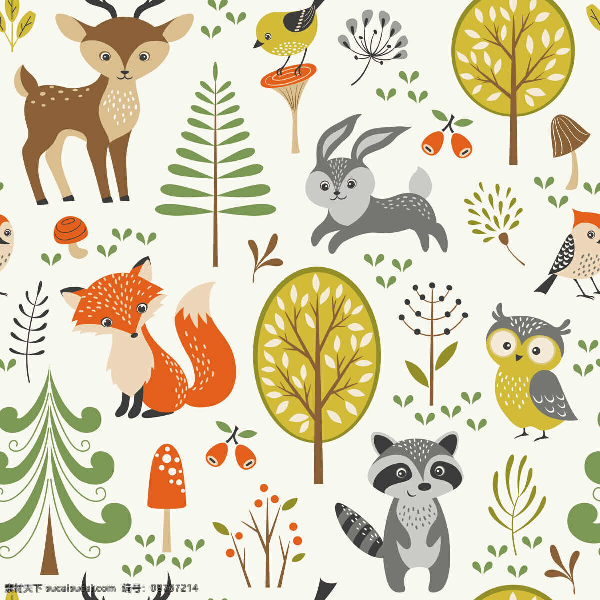 可爱 清新 动物 小鹿 壁纸 图案 装饰设计 壁纸图案 黄色树木 浣熊
