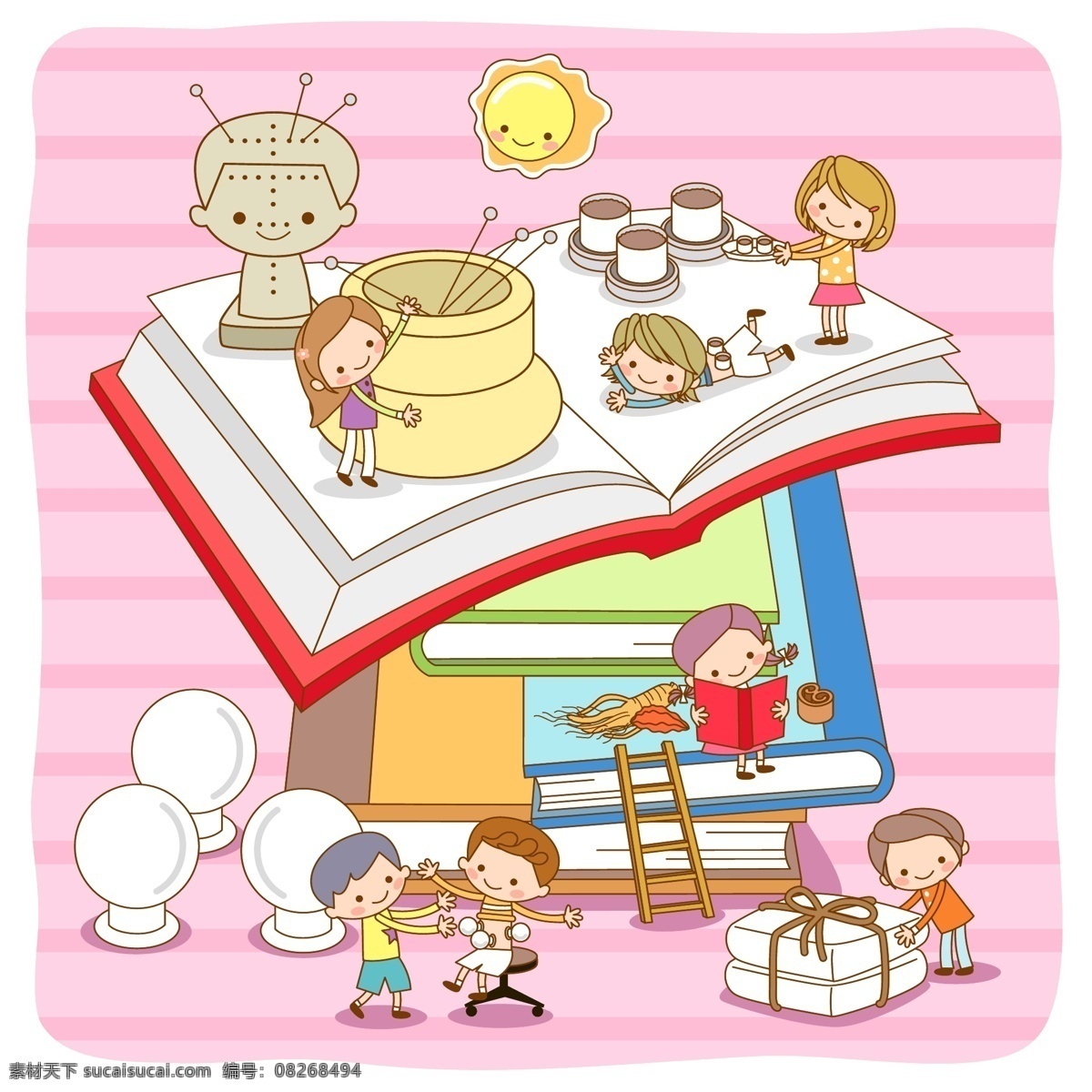 书本与孩子 孩子书本 梯子 卡通人物 卡通插画 卡通动漫 儿童幼儿 矢量人物 矢量素材 白色