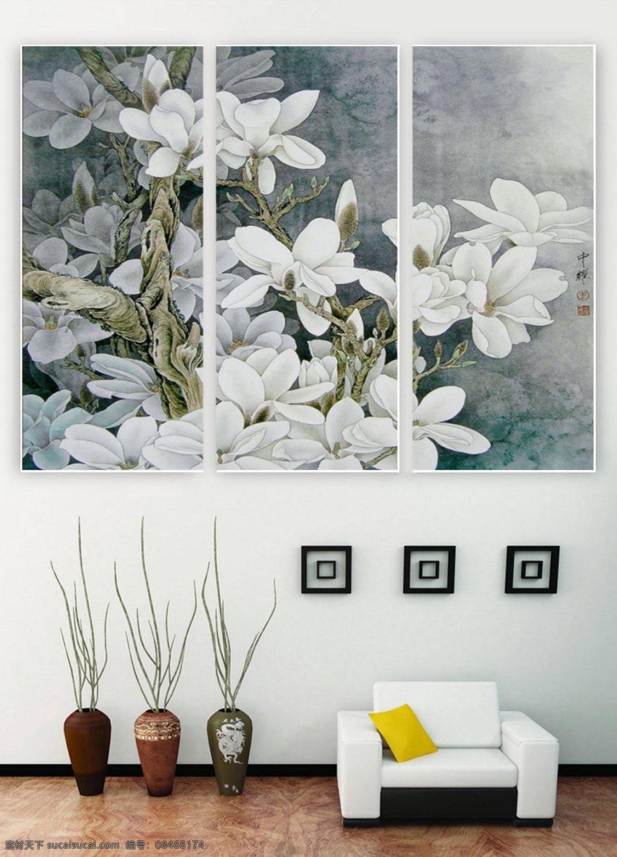 古风 冷色 调 三联 装饰画 白色 花朵 客厅挂画 冷色调 三联画 玉兰花