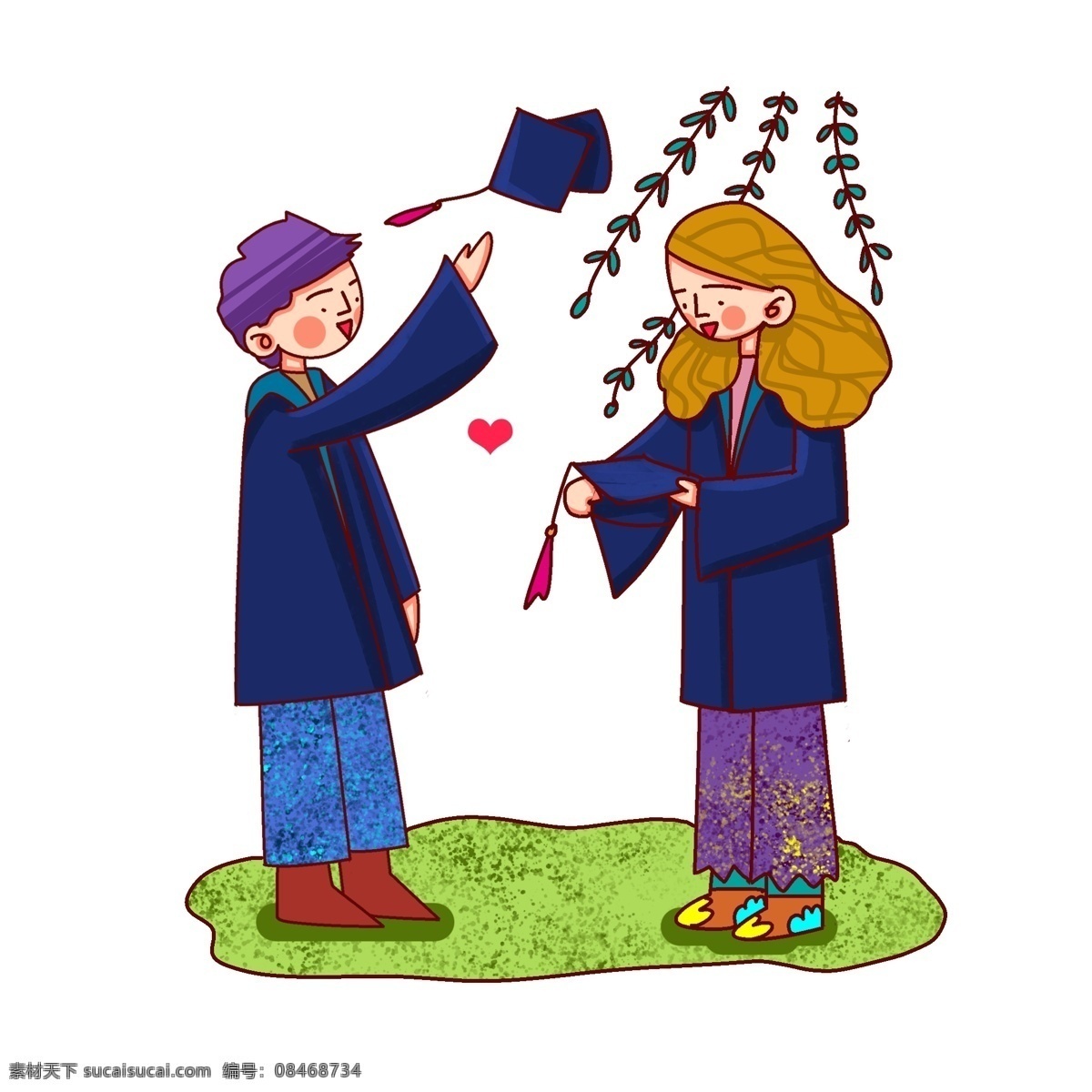 卡通 风格 毕业 典礼 插画 温馨 季节 草地 植物 男孩 女孩 头饰 服饰图案 长裤 长发 短发 鞋子 爱心 线描 帽子