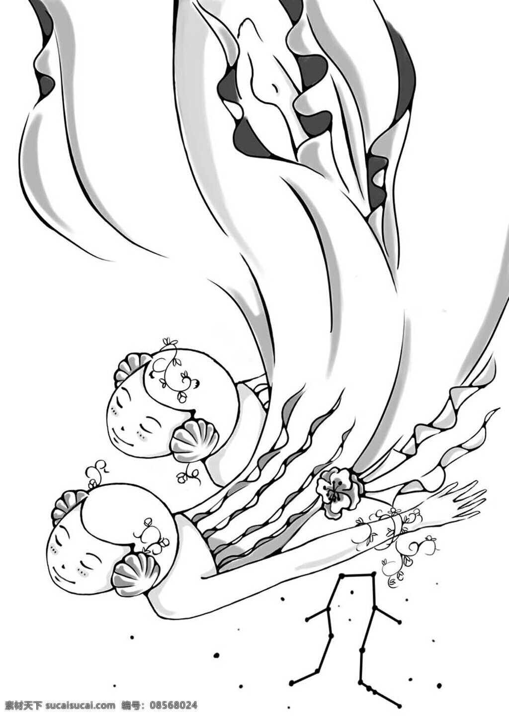 插画 动漫动画 动漫人物 女孩 双子座 线描 星座 设计素材 模板下载 双子 卡通组图 插画集