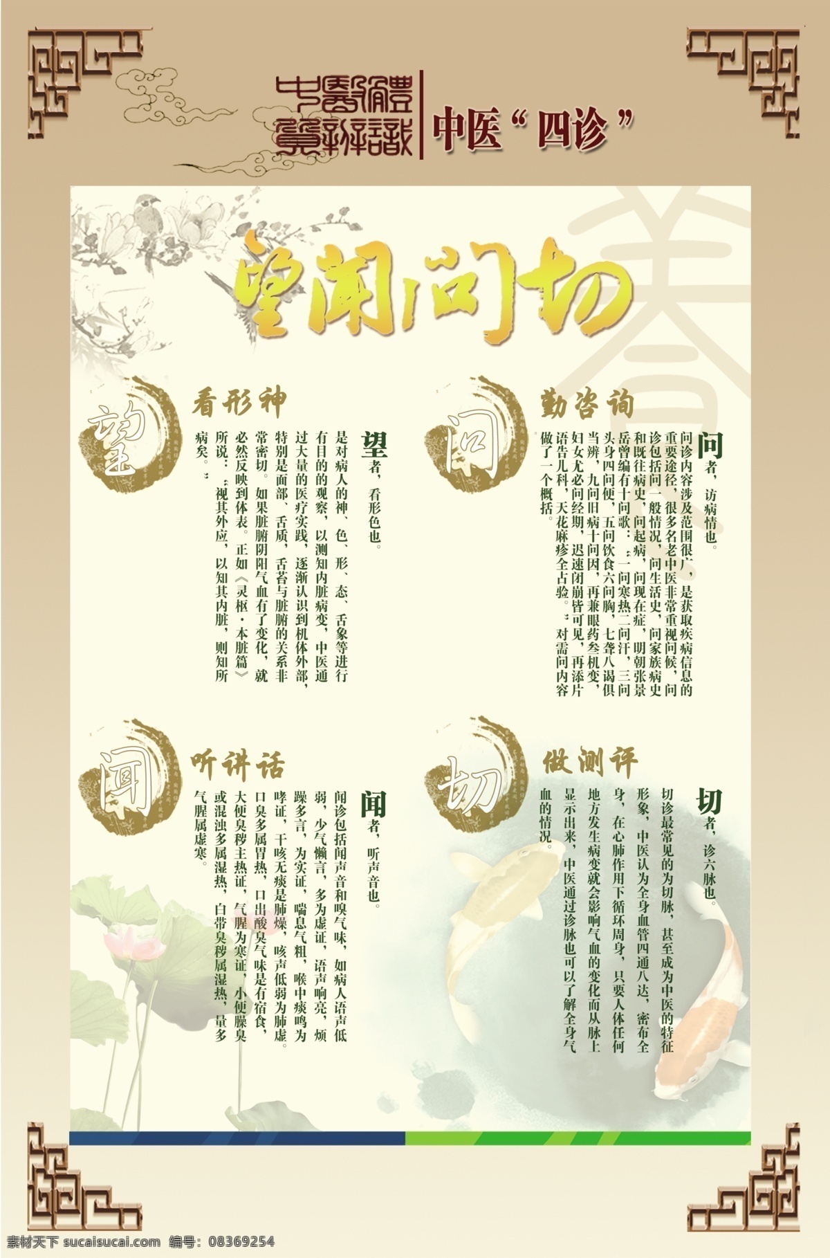 广告设计模板 荷花 角花 墨迹 鱼 源文件 展板模板 中医展板 望闻问切 模板下载 中医四诊 中医望闻问切 海报 其他海报设计