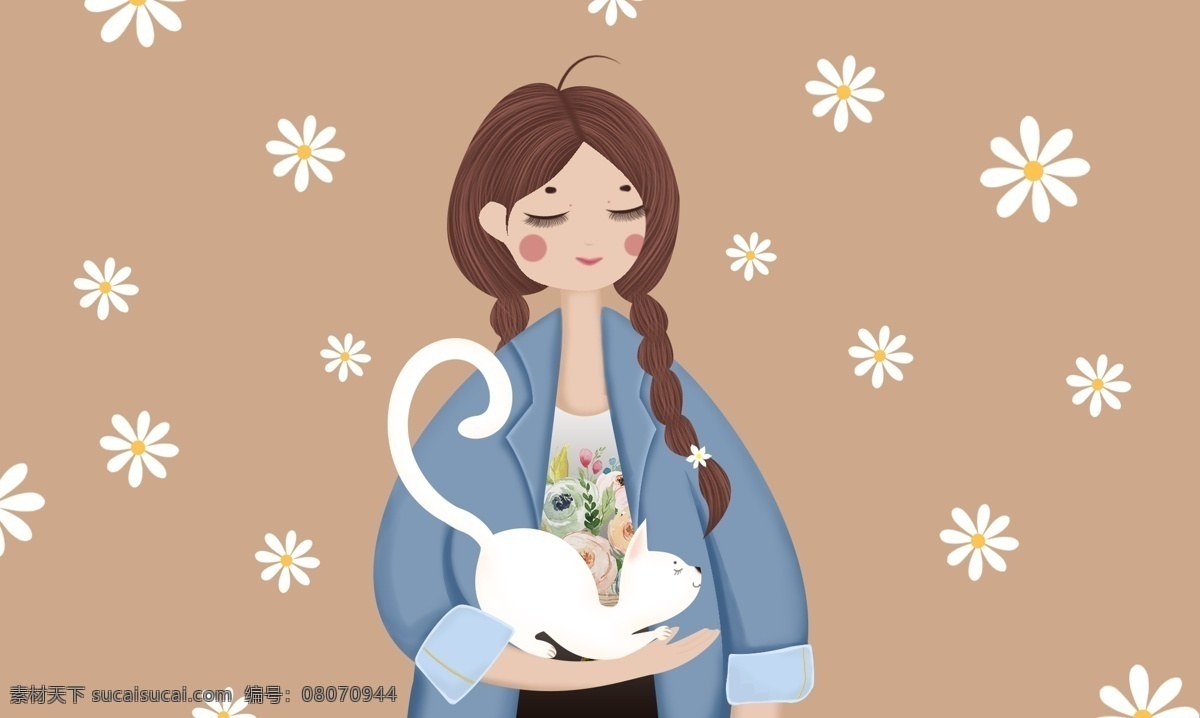 女孩 猫 手绘 小 清新 插画 小清新 小花 人物 壁纸 女生 猫咪