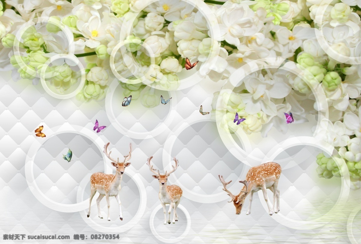 麋鹿 花卉 3d 软 包 背景 墙 装饰画 背景墙 蝴蝶 手绘 软包图案