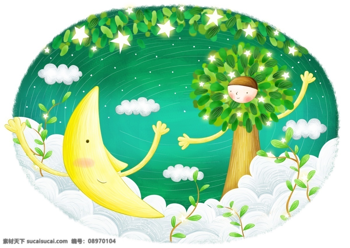 白云 上 绿树 月亮 插画 psd素材 云彩 psd源文件