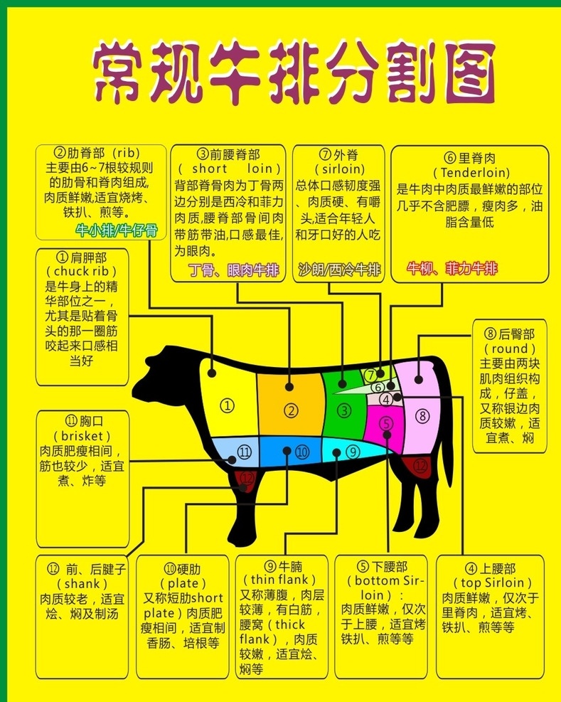 牛排 牛肉分割图 牛排分割图 牛肉布局图 牛肉说明图 牛肉分布 牛肉价值