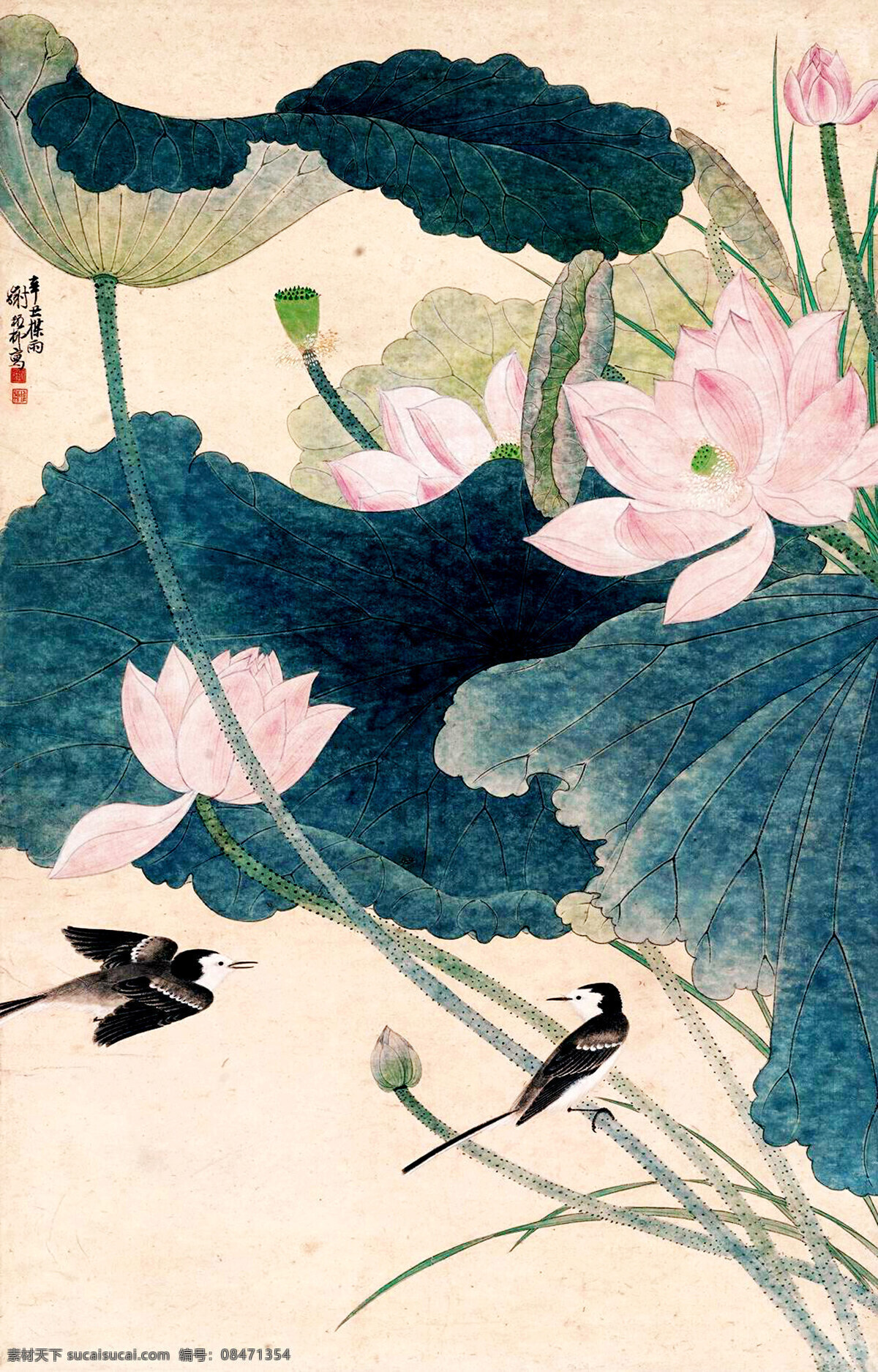 荷花 小鸟 图 苫裢忌杓扑夭 家居装饰素材 印章 雕刻 图案