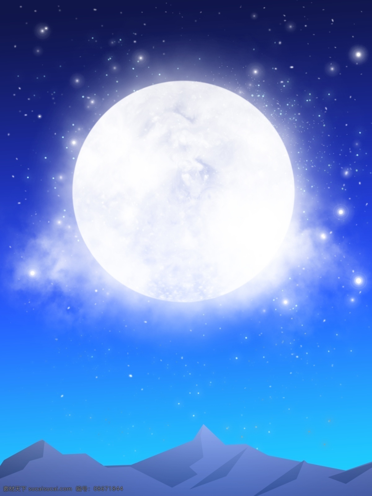 手绘 中秋 圆月 云雾 矢量 高山 夜晚 星星