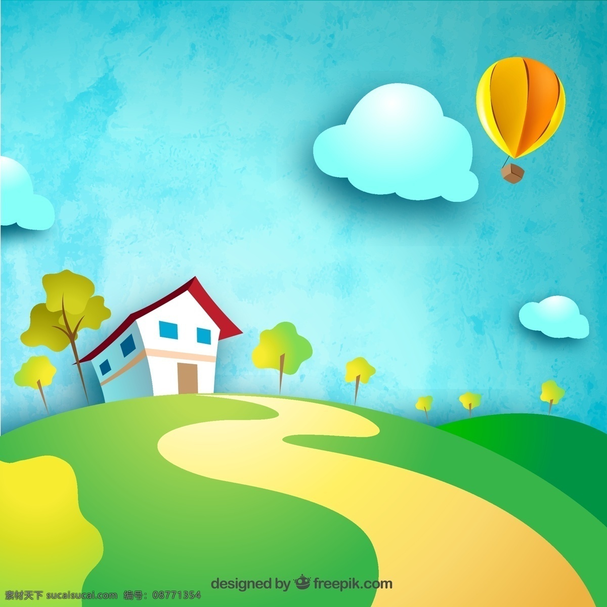 房屋与热气球 卡通 房屋 热气球 屋子 房子 建筑 云朵 白云 树木 大树 山坡 草地 风景 水彩 彩绘 装饰 卡片 插画 背景 海报 画册 平面素材