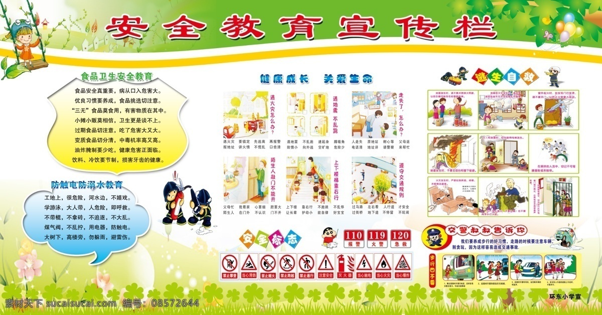 安全 教育 宣传栏 食品安全教育 防触电 防溺水 安全标志 报警110 火警119 急救120 逃生自救 卡通 绿色 消防卡通图解