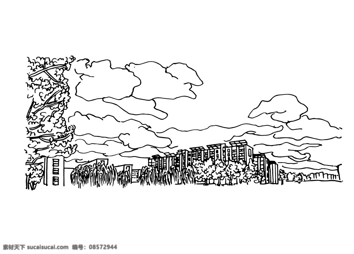 手绘 黑白 线条 远视 场景 风景 云 建筑 植物 黑白线条 远视场景