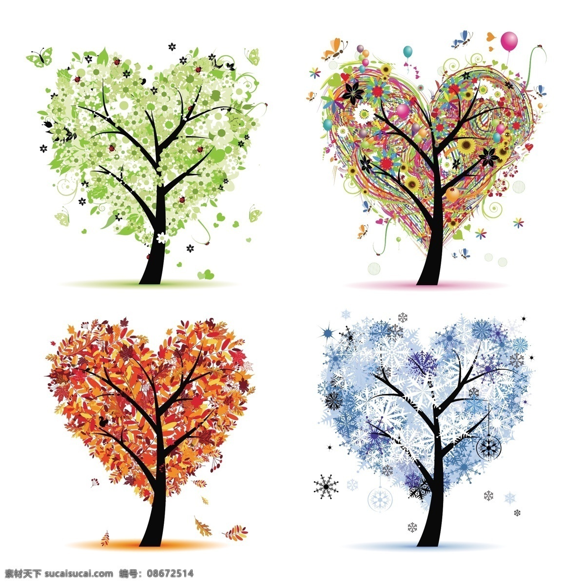 彩色 心形 树木 背景 边框 花纹 元素 矢量 矢量图 花纹花边