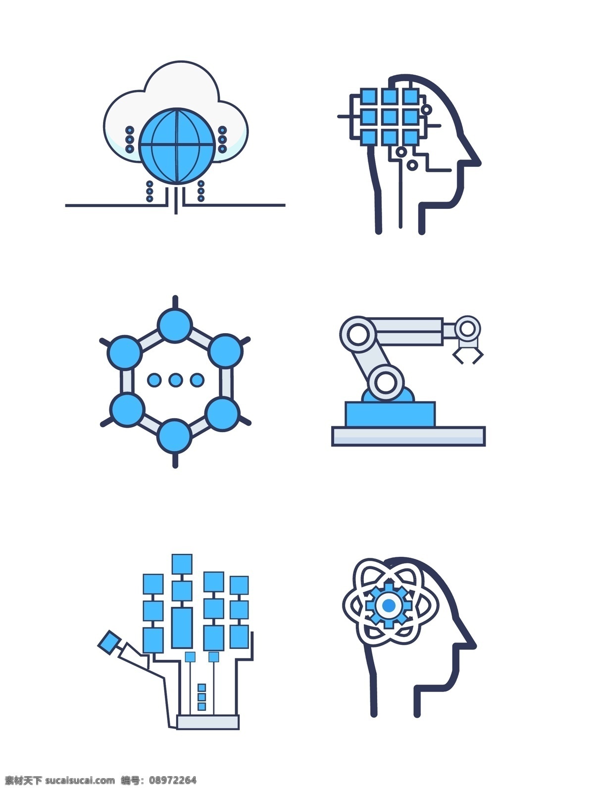 人工智能 互联网 类 蓝色 科技 图标 商用 元素 人脑 齿轮 机械手 机械臂