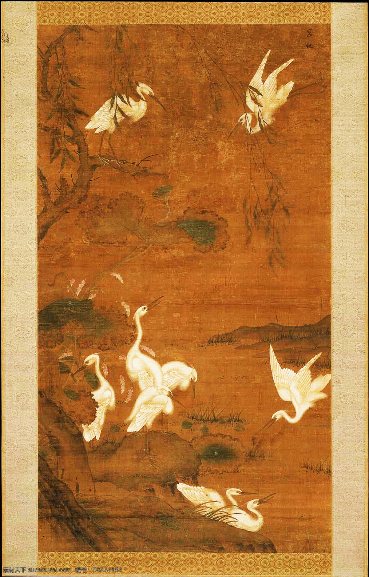 明 吕纪 九鹭图 设计素材 花鸟名画 古典藏画 书画美术 棕色