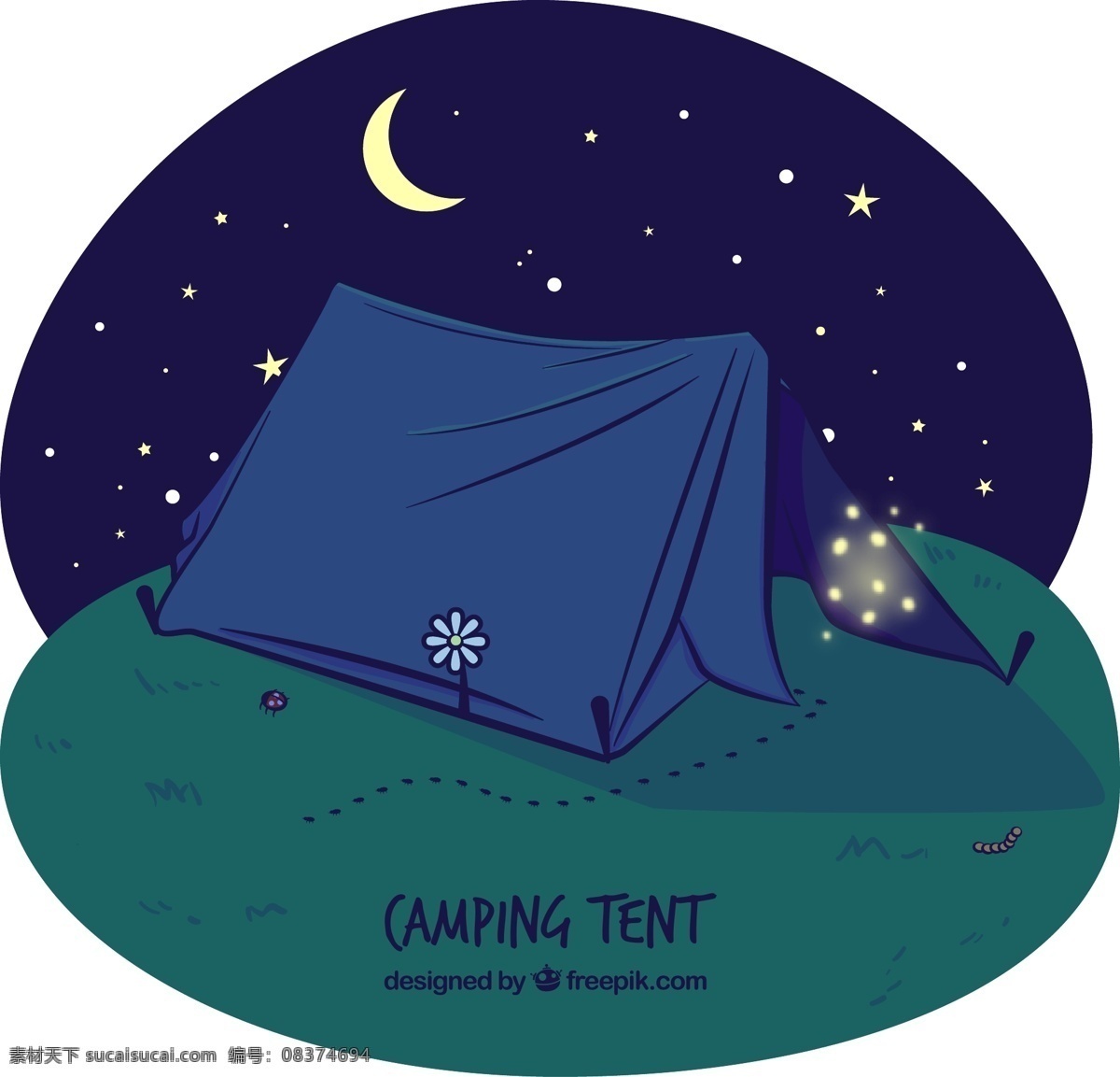 夜晚 郊外 野营 帐篷 插画 矢量 花 月亮 星星 动漫动画 风景漫画