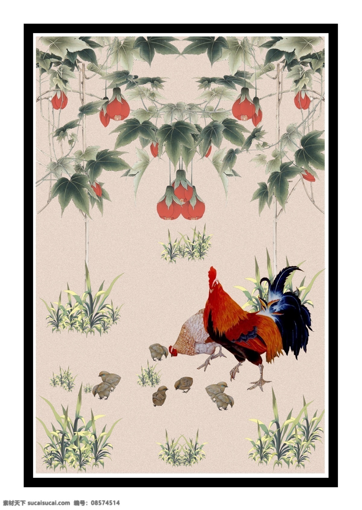 工笔画 工笔画素材 工笔画模版 工笔画风景 风景 植物 花草 鸡 公鸡 母鸡 小鸡 鸡仔 家 家人 分层 文件 源文件