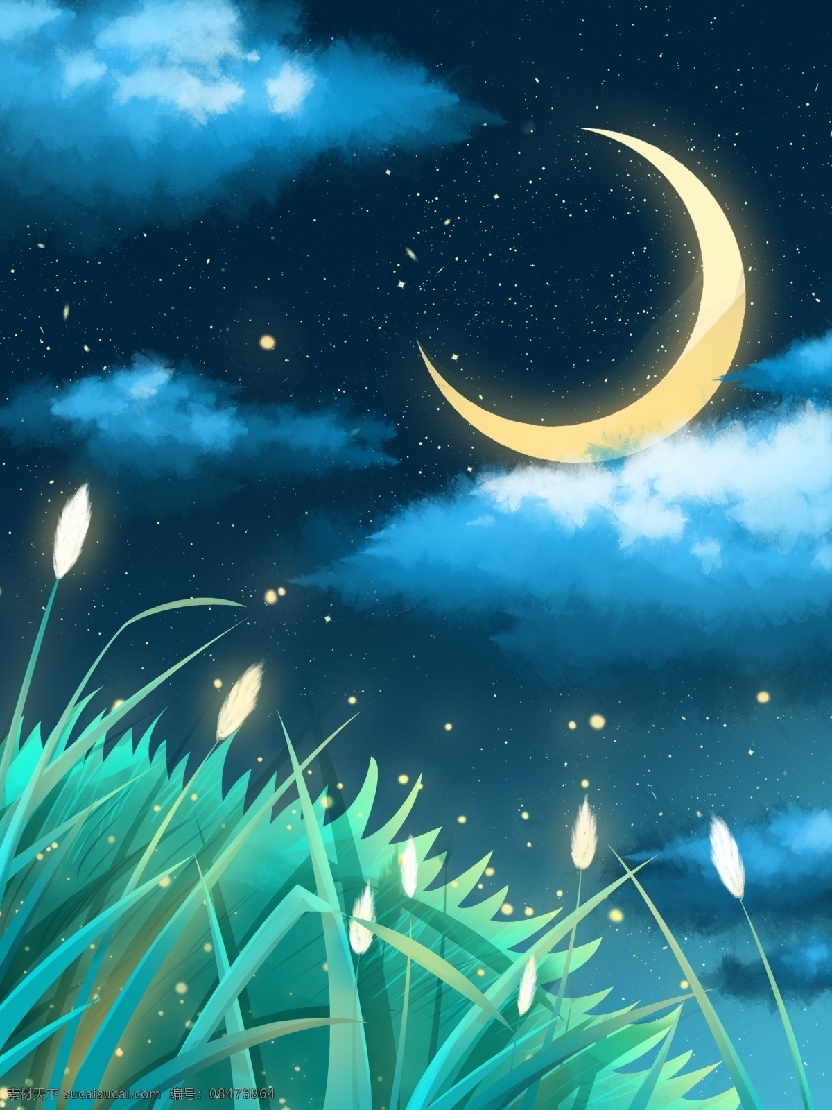 清新 夏日 夜晚 背景 月亮 晚安背景 花丛 蓝天 星空 广告背景 背景设计 通用背景 背景展板图 背景图 创意