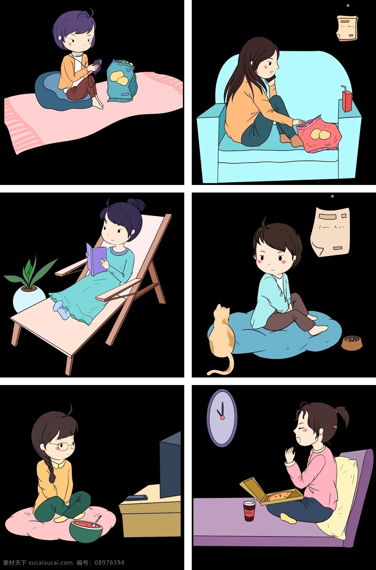 冬季 宅 在家 小女孩 手绘 插画 冬天 冬日 网购 快乐女生 宅在家 美女人物 玩手机 宅女 看电视
