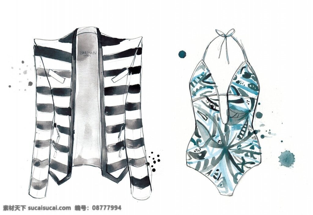 简约 条纹 手绘 服装 jpg格式 服装设计 黑白条纹 手绘服装 外套 印花图案 泳衣