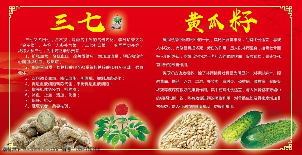 三七 黄瓜籽 养生保健 中药 看板 分层