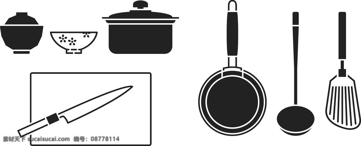 厨房用具 剪影 图 矢量图 剪影图 刀子 粘板 汤锅 锅具 煎锅 勺子 厨房用品 锅铲 餐具 logo