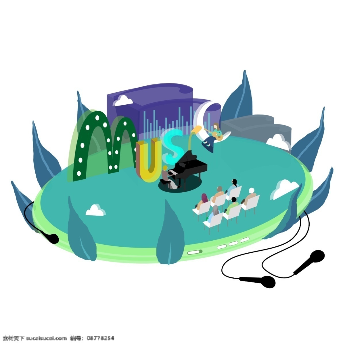 音乐节 场景 商业 插画 元素 舞台 cd 音乐 音乐节场景 商业插画 music 弹吉他 弹钢琴