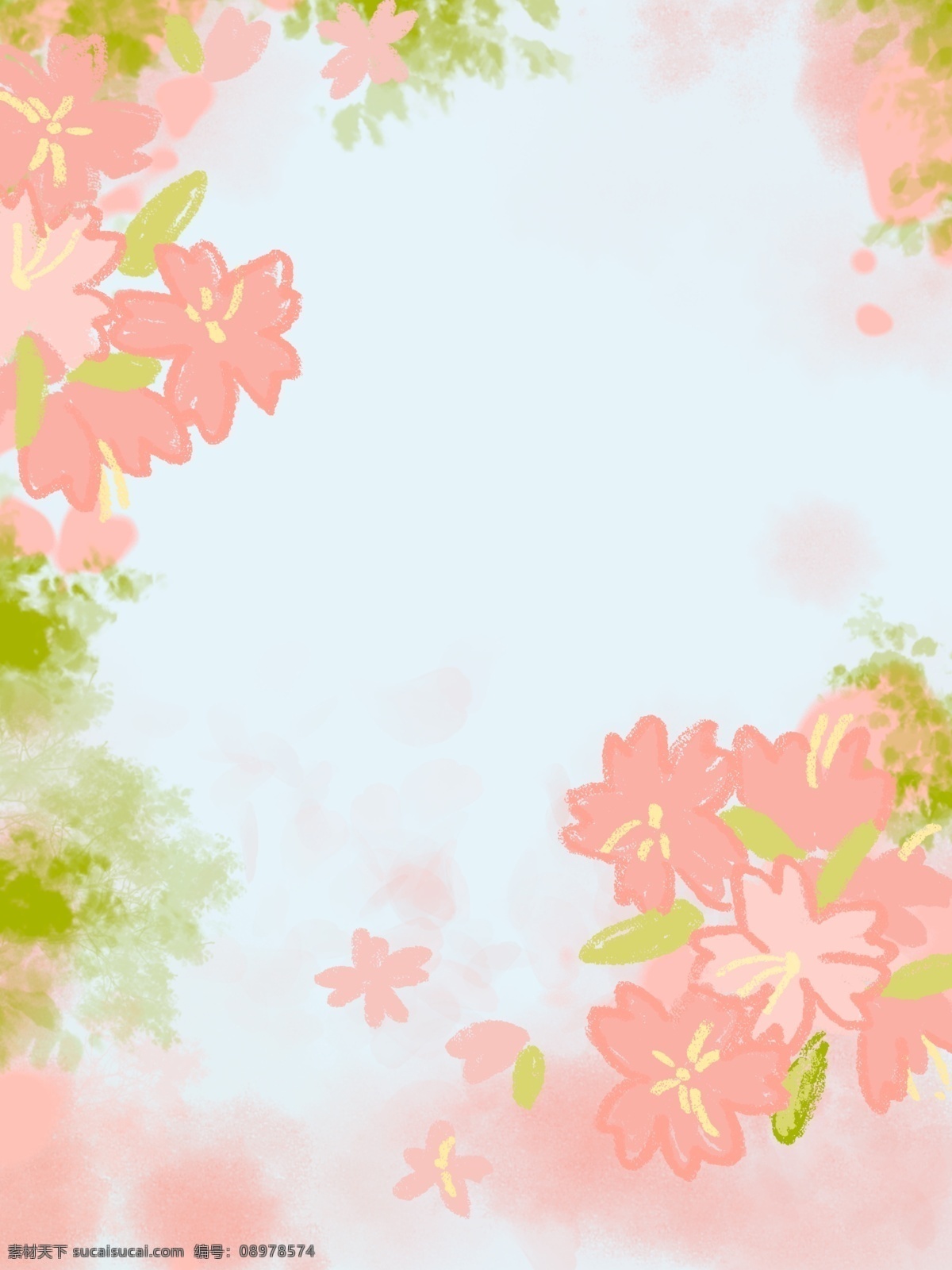 手绘 风格 浪漫 粉色 蓝色 樱花 背景