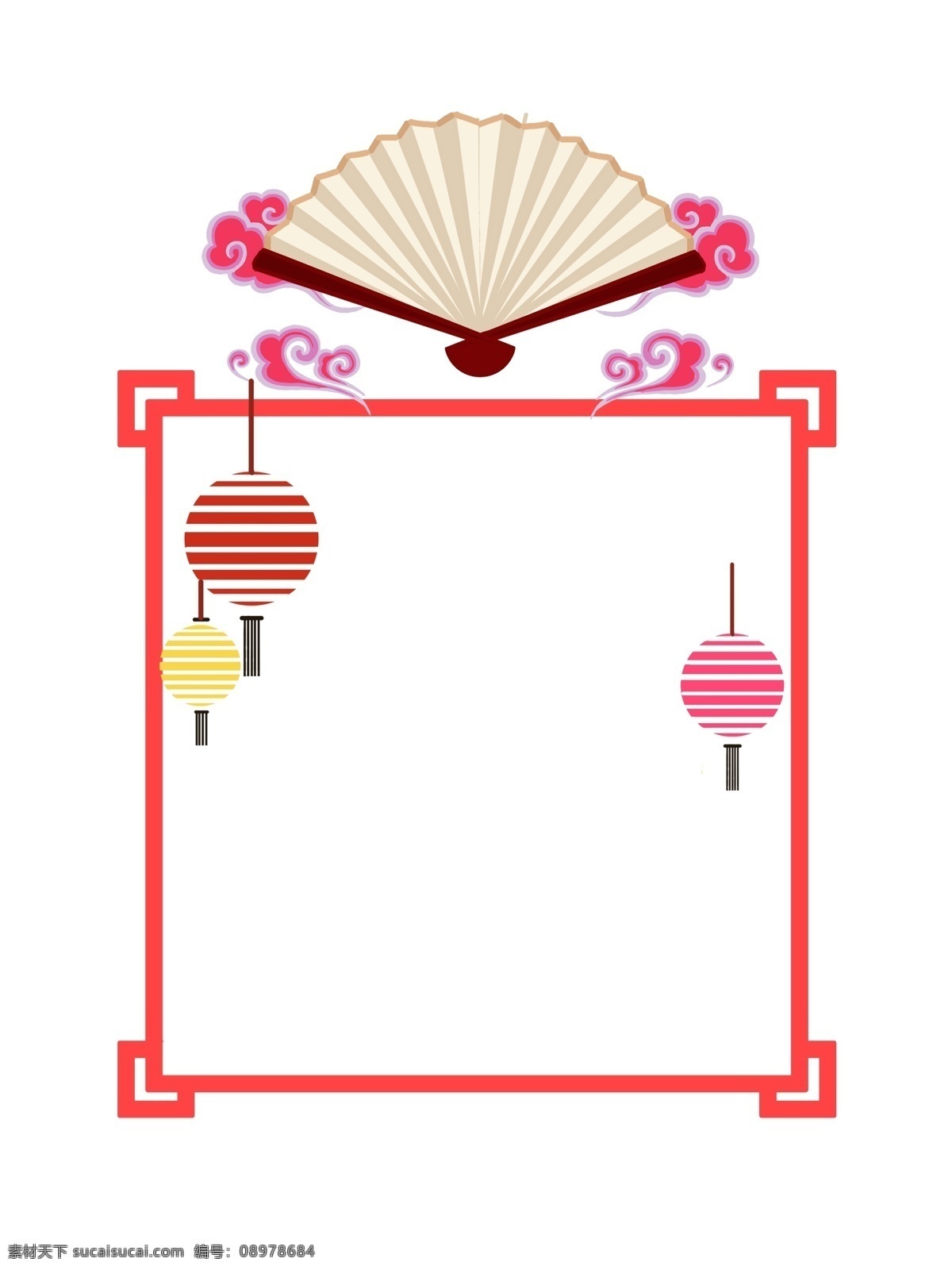 手绘 新年 扇子 边框 新年扇子边框 手绘新年边框 白色扇子 灯笼装饰 红色线条边框 春节边框插画