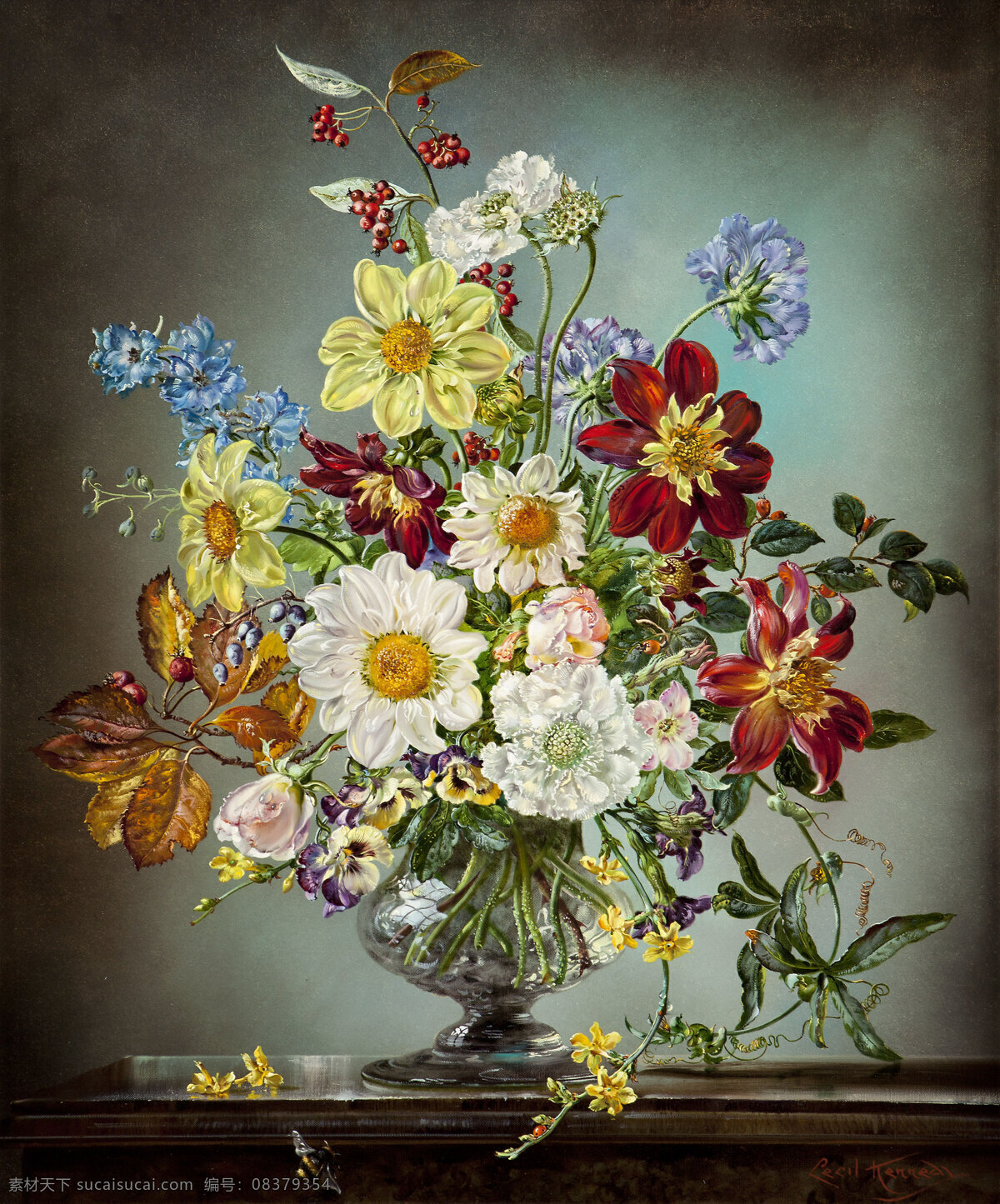 静物鲜花 塞西尔 甘乃迪 作品 英国画家 混搭鲜花 永恒之美 玻璃花瓶 台子 20世纪油画 油画 绘画书法 文化艺术