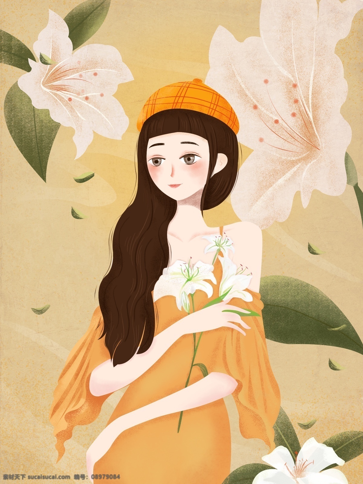 花束 少女 百合 女孩 唯美 治愈 插画 黄裙子女孩 治愈温馨