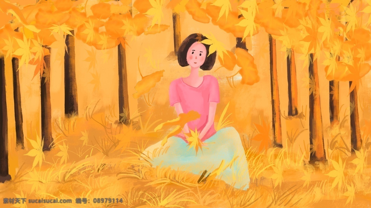 秋天 私语 你好 早安 枫叶 插画 秋天背景 枫叶元素 银杏叶子 黄色调 你好十月 秋天私语 你好秋天 节日节气