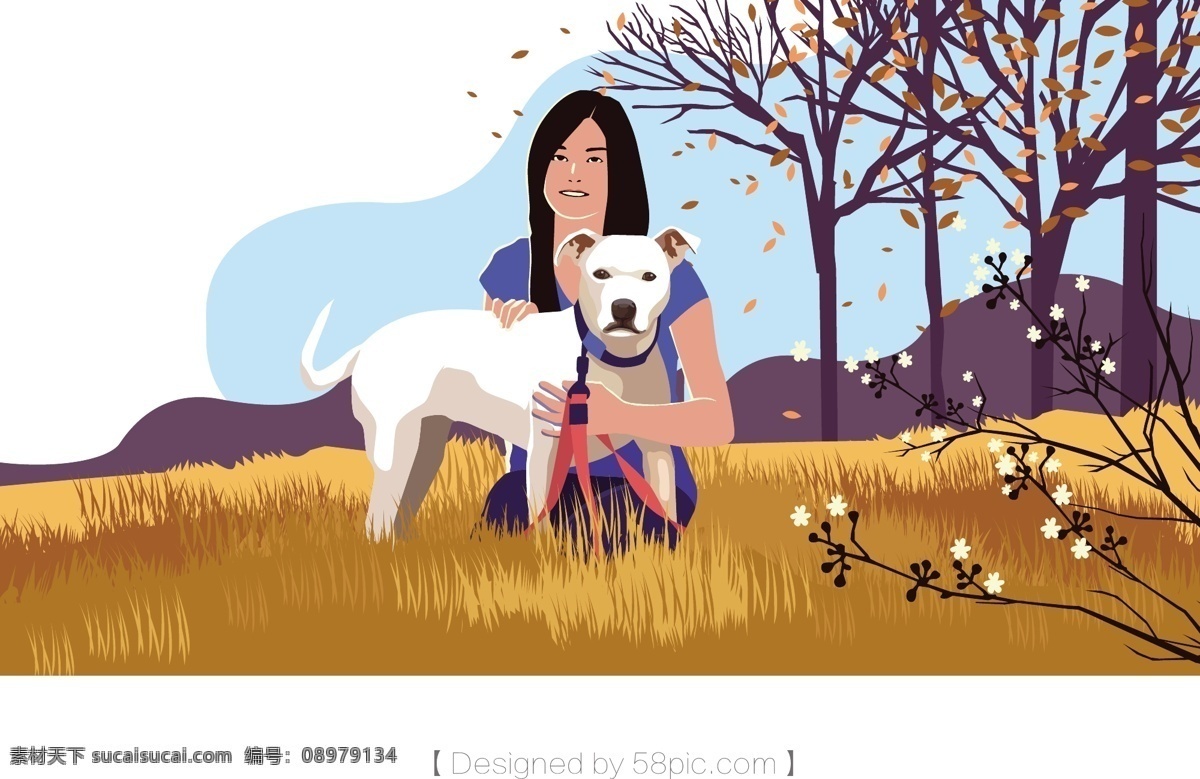 秋天 少女 萌 狗 立秋 秋意 落叶 矢量插画 扁平风格 叙事性插画 秋天场景 扁平化 小清新插画 小清新 8月你好