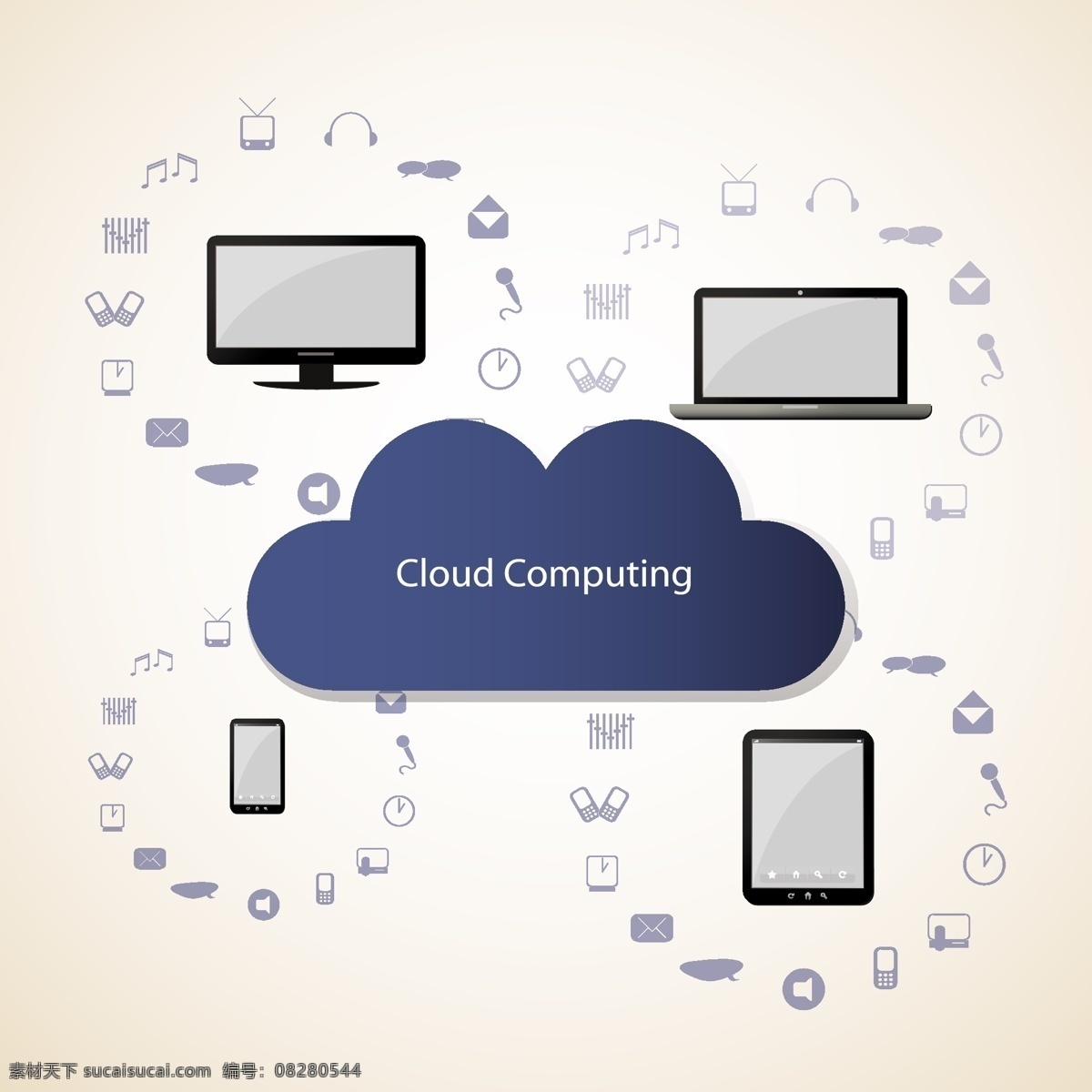 电脑 手机 图标 云 计算 云服务 云计算图标 云系统 网络科技 信息科技 云朵 平板电脑 智能手机 生活百科 矢量素材 白色