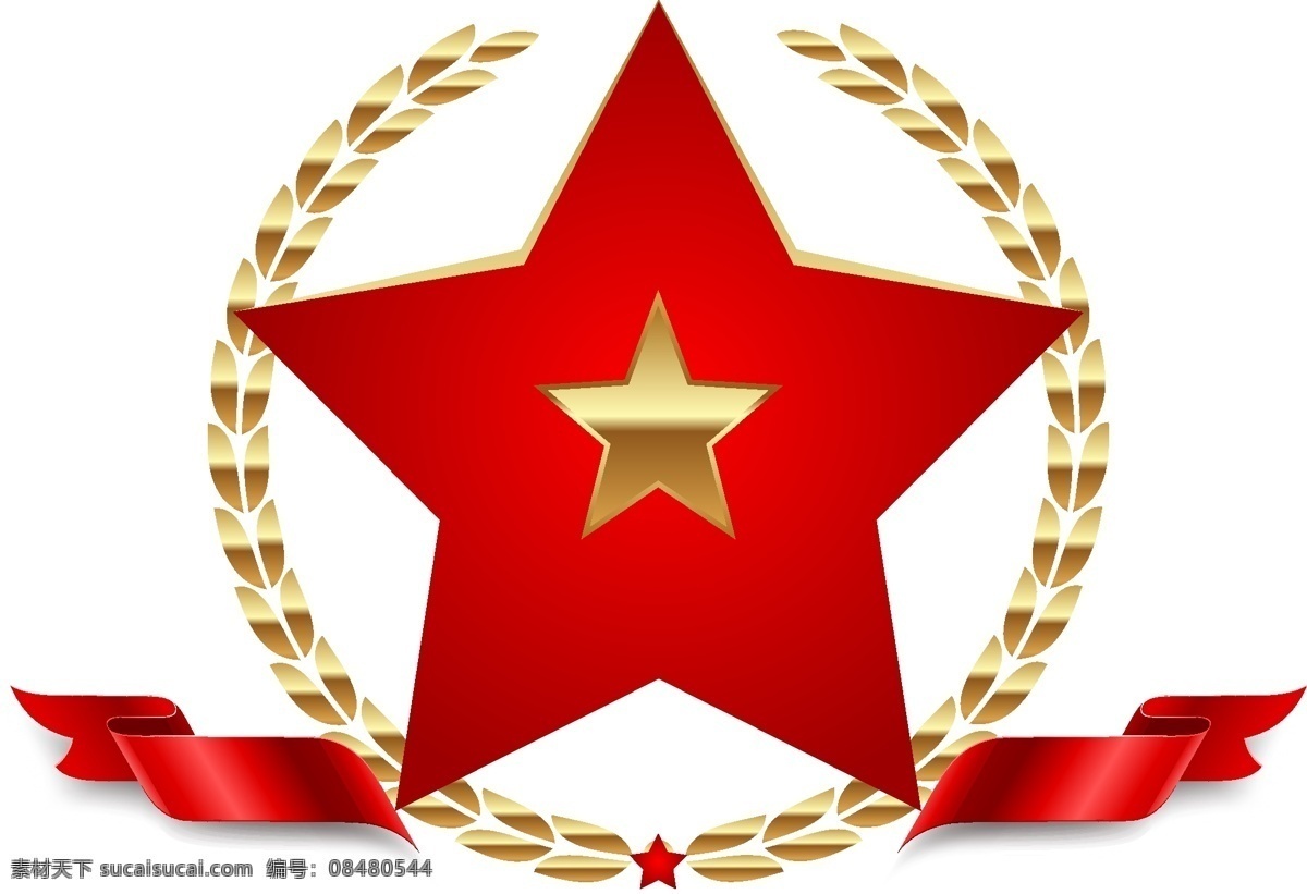 矢量 橄榄 叶 丝带 红色 五角星 元素 矢量五角星 橄榄叶 金色五角星 红色飘带