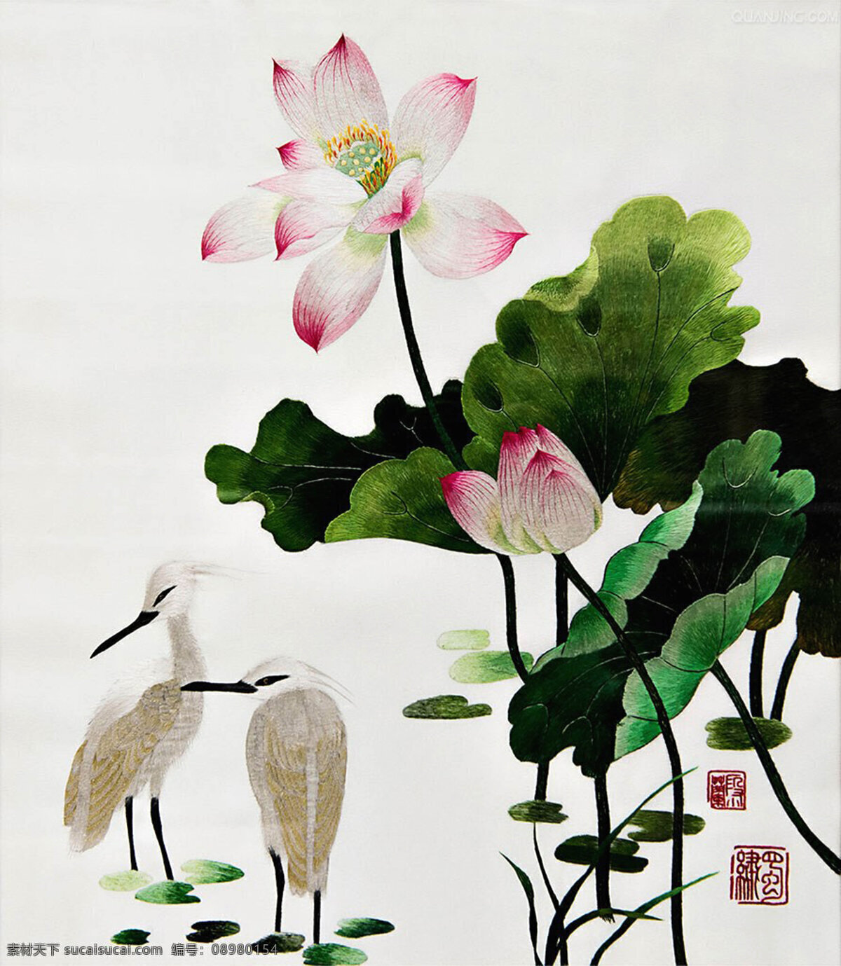 刺绣 鹤 荷花 动物 白色
