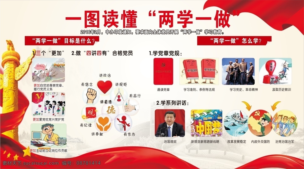 图 读 懂 两 学 做 华表 卡通人物 和平鸽 国旗 飘带 红色