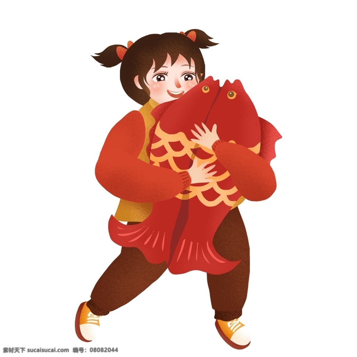 抱 鲤鱼 女孩 图案 元素 卡通 人物 红色 手绘 元素设计 简约 创意元素 psd元素 新年图案