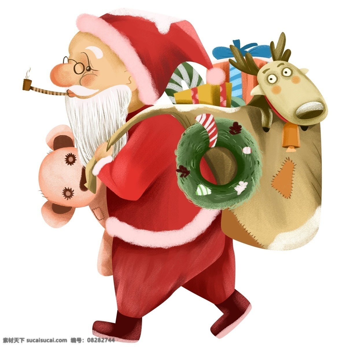 圣诞节 礼物 手绘 插画 圣诞老人 驯鹿 圣诞礼物 送礼 物 圣诞夜 圣诞 手绘圣诞节 礼盒