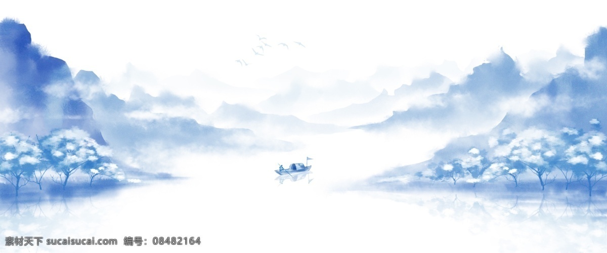中国 风 手绘 水墨 风景 山水画 中国风 水墨画 山水 插画 水墨风景 中国风山水 山河 船