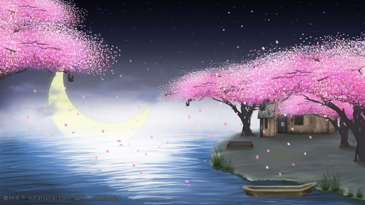 唯美 古风 插画 樱花 树下 世外桃源 星空 月亮 大海 壁纸 场景 意境 孤岛 古房子 仙境