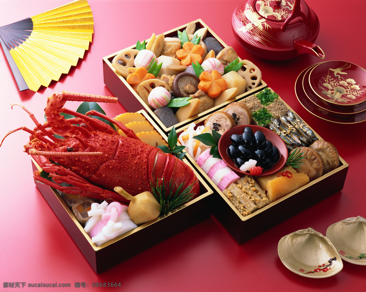 日本料理 料理 盘子 蛋糕 糕点 点心 红虾 龙虾 贝壳 茶壶 扇子 日韩饮食 餐饮美食
