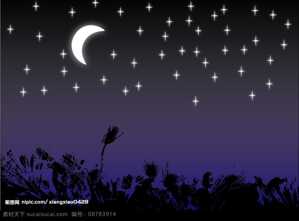 繁星点点 夜空 繁星 明月 夜景 自然景观 自然风景 矢量图库