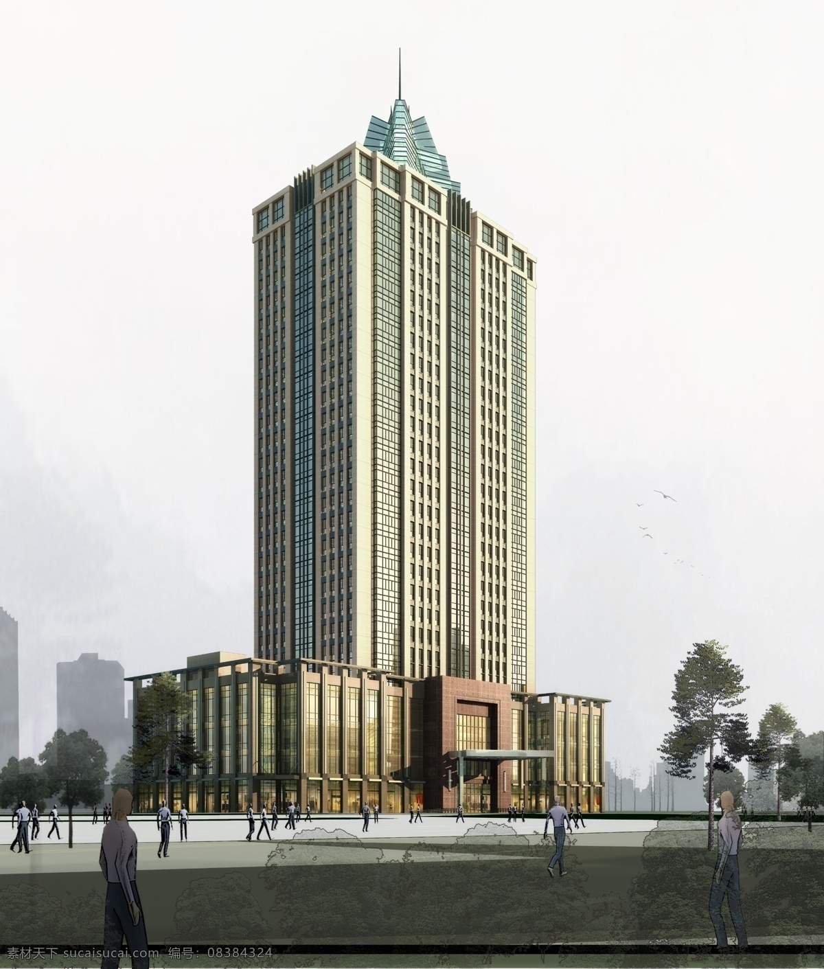 商务 大楼 效果图 人物 广场 草地 树木 房屋 建筑物 蓝灰色天空 环境设计 建筑设计