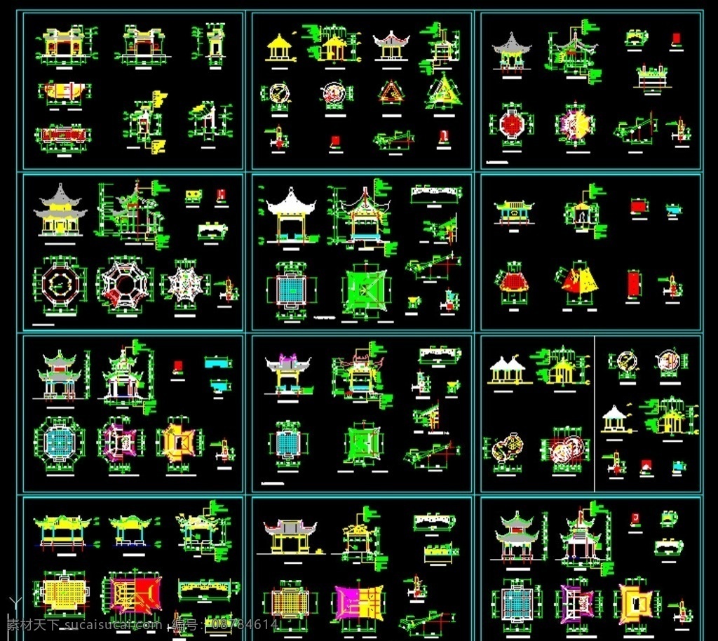 古建 亭子 施工 图集 古建筑 八角亭 cad 自然景观 建筑园林 dwg