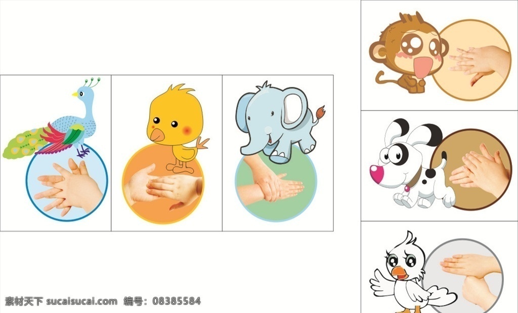 六步洗手法 洗手法 卡通 孔雀 大象 小鸟 猴子 小狗 卡通设计