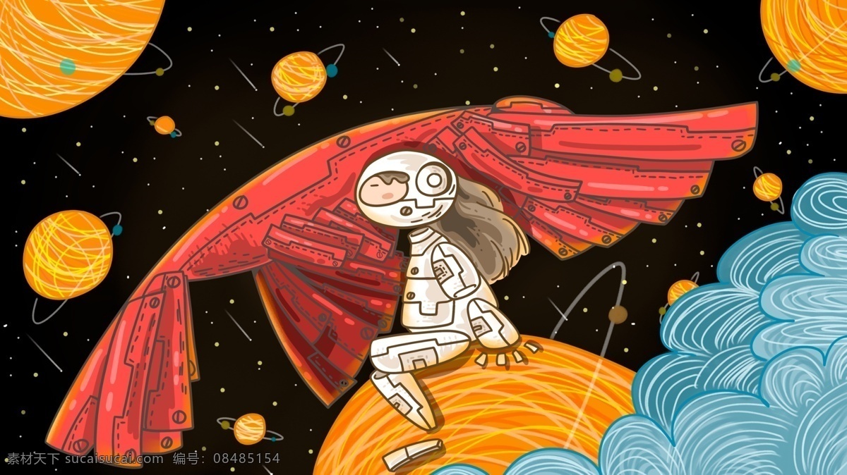 宇宙 探险 机械 鸟 星 人 插画 封面 banner 原创 插图 童话 幻想