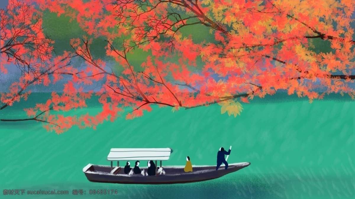 节气 秋 分红 枫叶 绿水青山 自然 手绘 插画 二十四节气 山水 红枫叶 船 秋分
