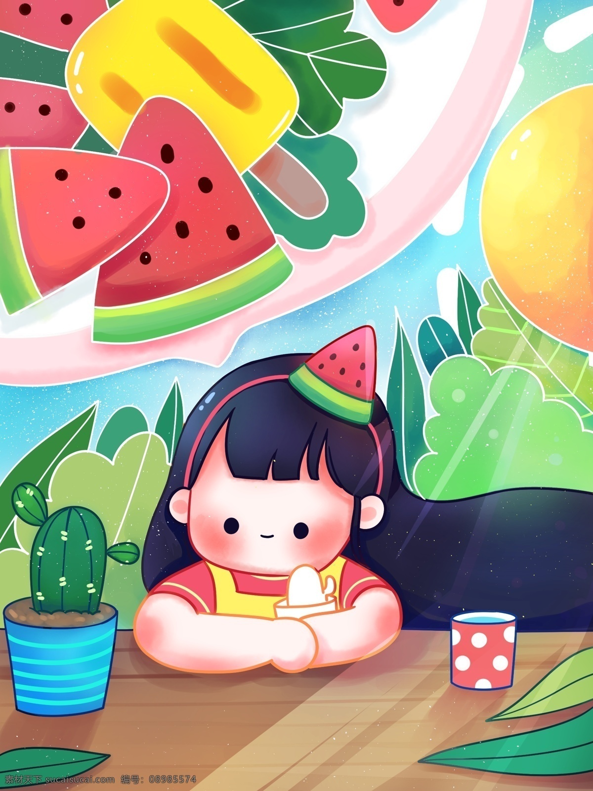夏至 清凉 少女 绿色植物 女孩 西瓜 夏日 夏天 太阳 仙人掌 植物 可爱 长发 冰棍 卡通 插画
